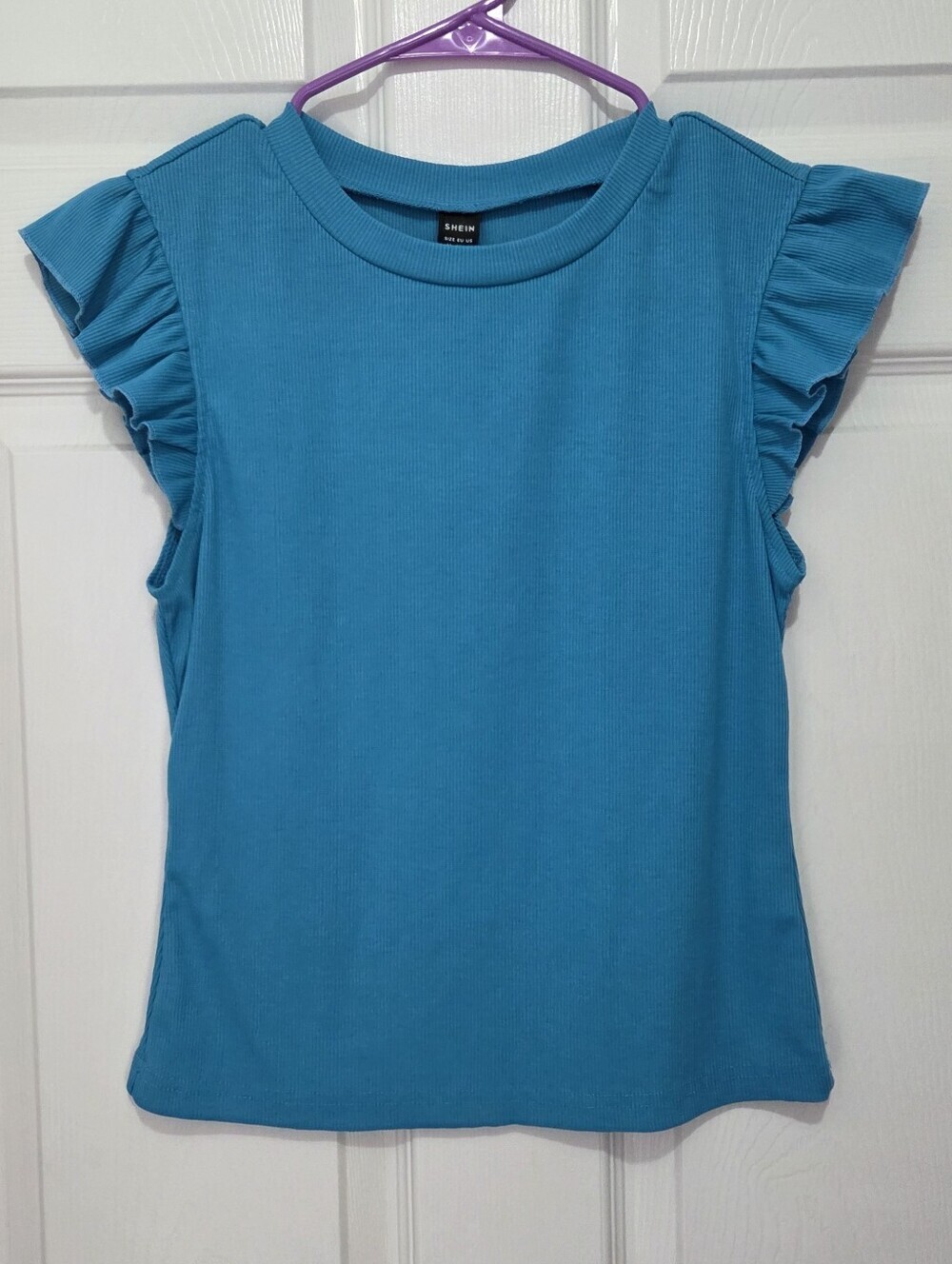 Women Aqua Blue Ribbed Crewneck Ruffle Sleeve Top Size Medium Summer Spring